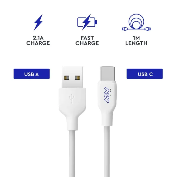 USB A - USB-C Kaabel Myway Valge Must 1 m