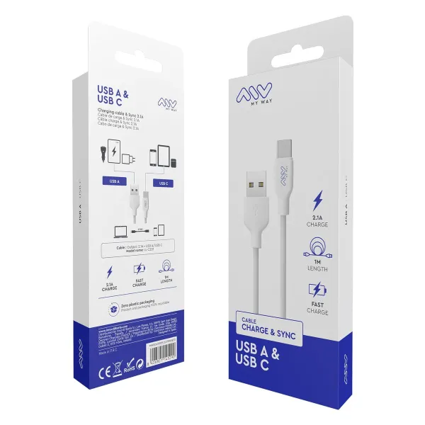 USB A - USB-C Kaabel Myway Valge Must 1 m