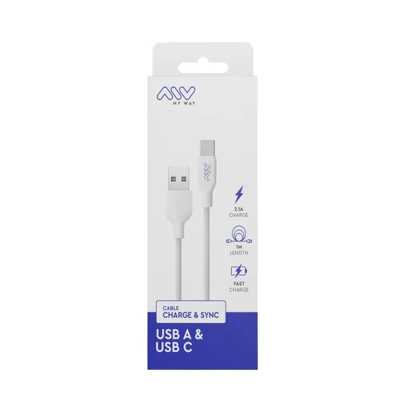 USB A - USB-C Kaabel Myway Valge Must 1 m