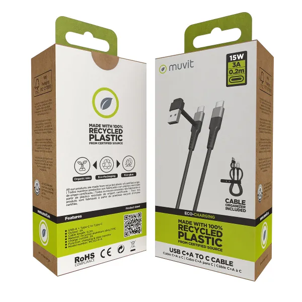 USB A uz USB-C Kabelis Muvit for Change Melns