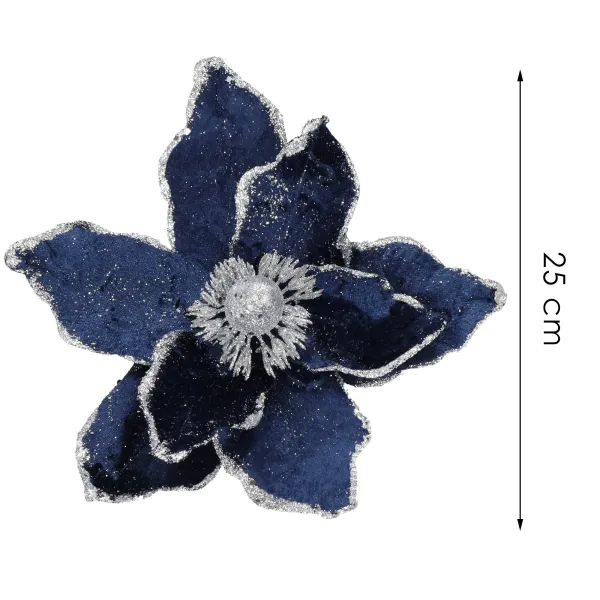 Betlehemin tähti klipsillä, keinokukka poinsettia Springos CA1228, tummansininen hopeisella kimalteella