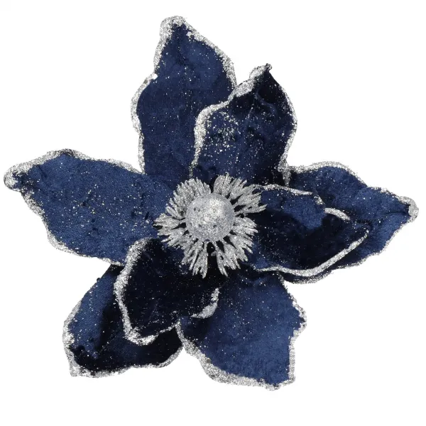 Betlehemin tähti klipsillä, keinokukka poinsettia Springos CA1228, tummansininen hopeisella kimalteella