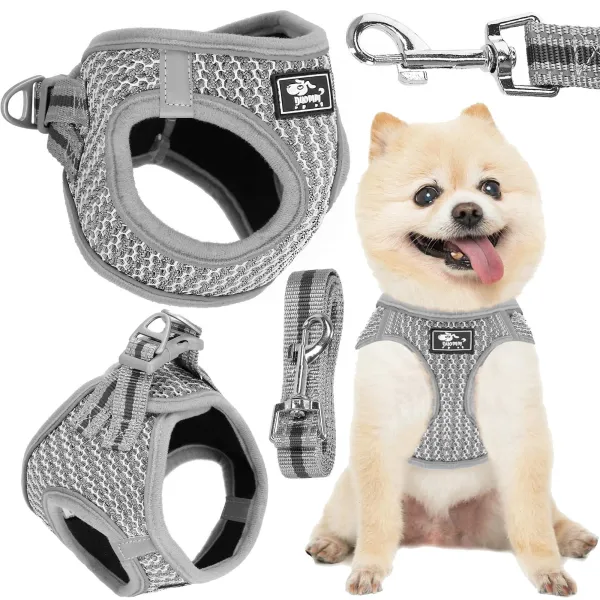 Pressure-free dog and cat harness set Springos PA0237, M 9-13 kg + 150 cm leash, grey