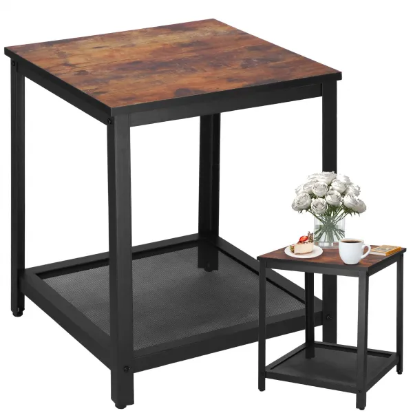 Ruudukujuline kohvilaud riiuliga Springos HF0026, 45x45x55 cm, loft-stiil, must/pruun