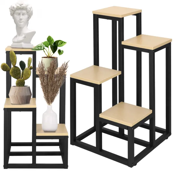 Metalinė gėlių stovas su 4 lentynomis Springos GA0206, 67,5 cm, loft stiliaus, juoda/šviesiai ruda