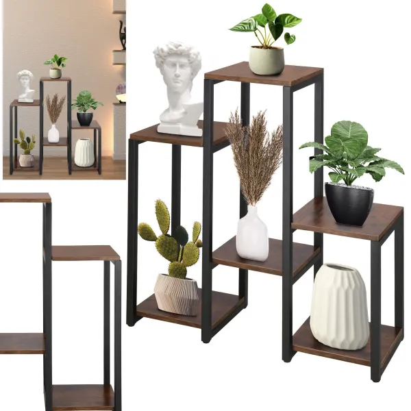 Metalinis gėlių stovas su 6 lentynomis Springos GA0208 79 cm palėpė juoda, tamsiai ruda