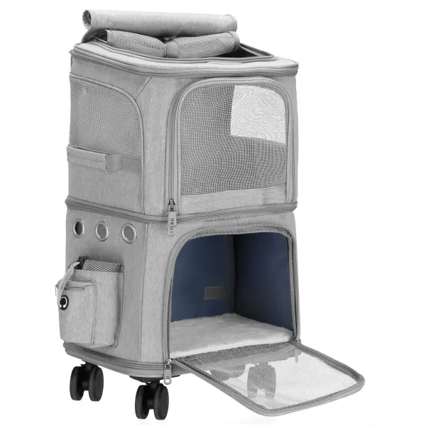 Cat, dog transporter Springos PA0326, 55 x 34 x 26 cm, wheeled pet carrier, dual-chamber, gray
