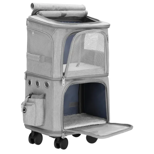 Transporta soma kaķim, sunim Springos PA0326, 55 x 34 x 26 cm, ratiņi dzīvnieku pārvadāšanai, divkameru, pelēka