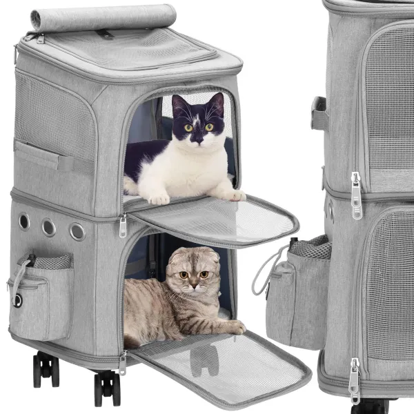 Cat, dog transporter Springos PA0326, 55 x 34 x 26 cm, wheeled pet carrier, dual-chamber, gray