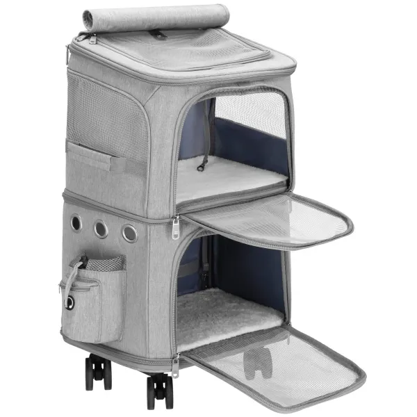 Cat, dog transporter Springos PA0326, 55 x 34 x 26 cm, wheeled pet carrier, dual-chamber, gray