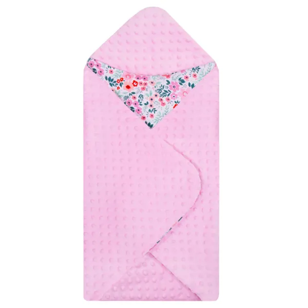 Baby wrap for car seat and carrier Springos SB0052, 77x77 cm, reversible blanket with hood, floral design, pink/multicolor