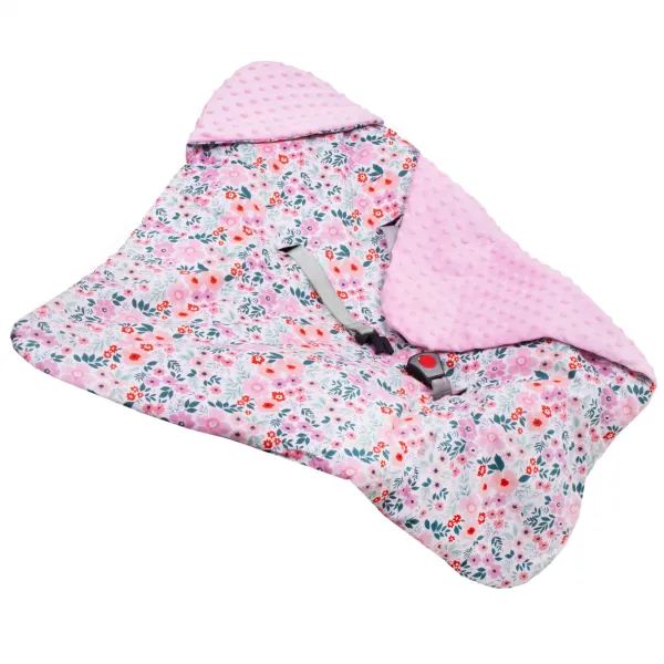 Baby wrap for car seat and carrier Springos SB0052, 77x77 cm, reversible blanket with hood, floral design, pink/multicolor