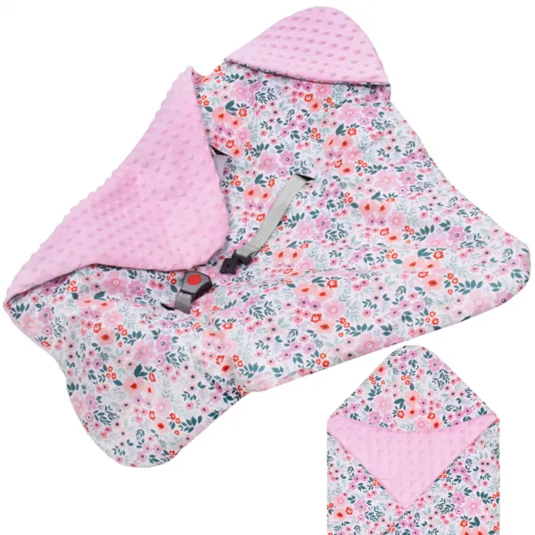 Baby wrap for car seat and carrier Springos SB0052, 77x77 cm, reversible blanket with hood, floral design, pink/multicolor