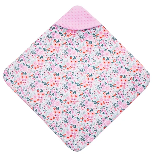 Beebitekk turvahälli ja kandekotti Springos SB0052, 77x77 cm, kahtepidi kasutatav kapuutsiga, lillemustriga, roosa/kirju