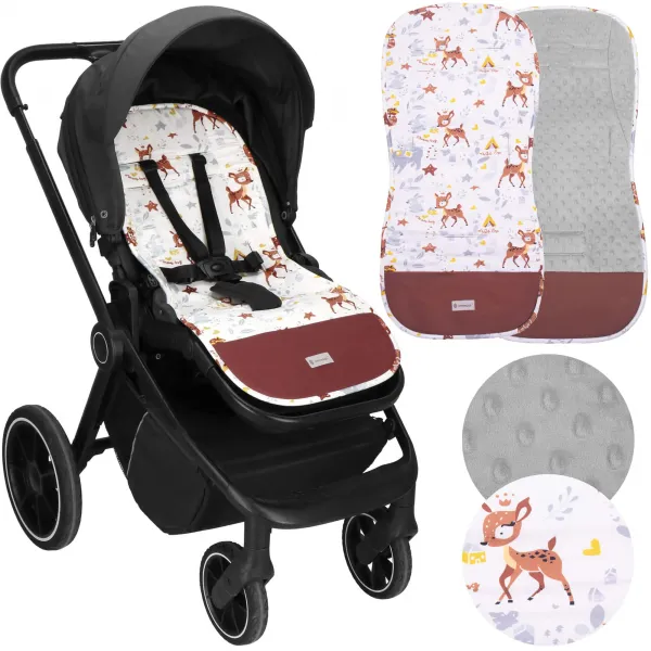 Vežimėlio įdėklas Springos SB0056, 37x78 cm, dvipusis kilimėlis, gyvūnėlių raštas, pilka/balta/ruda/daugiaspalvė