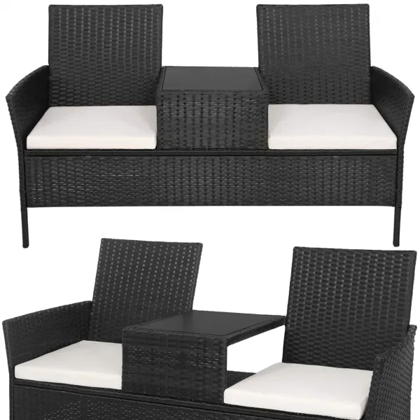 Dārza mēbeļu komplekts Springos GF0068, melns, 3 vienā: 2 krēsli ar spilveniem + galds, tehnorotangs