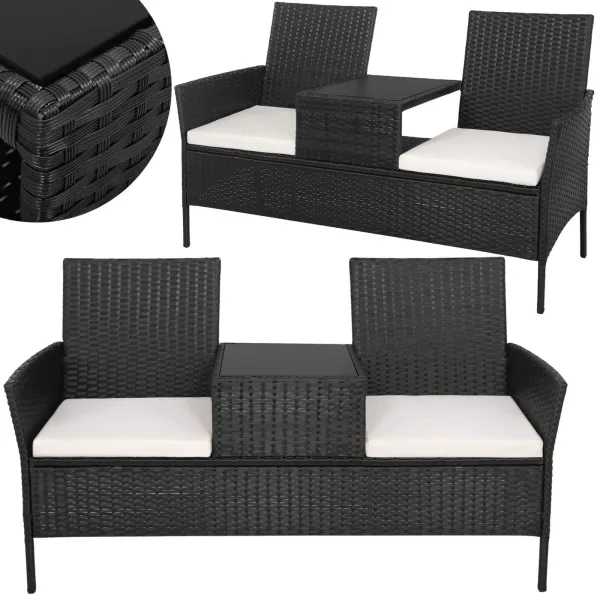 Dārza mēbeļu komplekts Springos GF0068, melns, 3 vienā: 2 krēsli ar spilveniem + galds, tehnorotangs