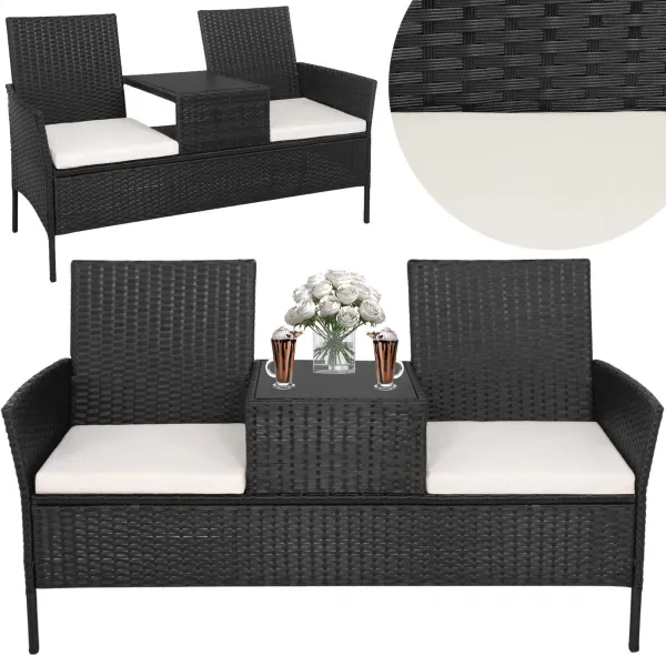 Dārza mēbeļu komplekts Springos GF0068, melns, 3 vienā: 2 krēsli ar spilveniem + galds, tehnorotangs