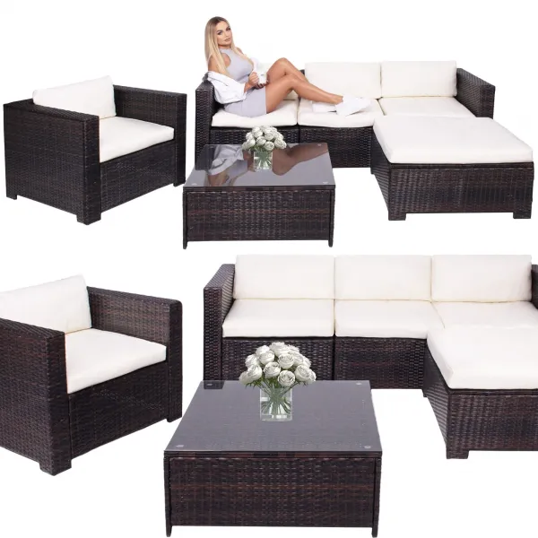 Modulārais dārza mēbeļu komplekts Springos GF0062 galds, krēsls, dīvāns, 4 moduļi, brūni-krēmkrāsas