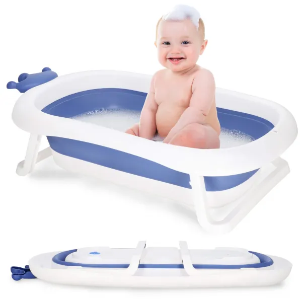 Springos SB0058 bērnu vanniņa, saliekama, 40 L, zili balta, pārnēsājama ar aizbāzni