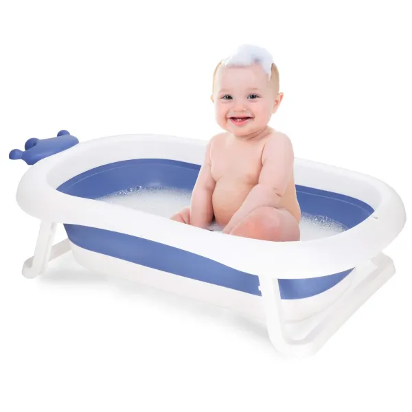 Springos SB0058 bērnu vanniņa, saliekama, 40 L, zili balta, pārnēsājama ar aizbāzni