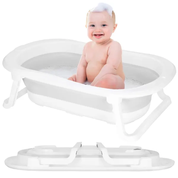 Springos SB0059 pārnēsājama bērnu vanna 40 L balti pelēka saliekama ar aizbāzni