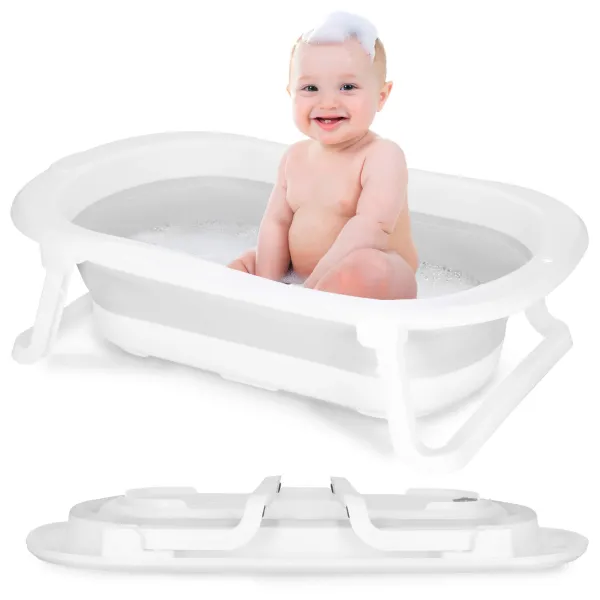 Springos SB0059 pārnēsājama bērnu vanna 40 L balti pelēka saliekama ar aizbāzni