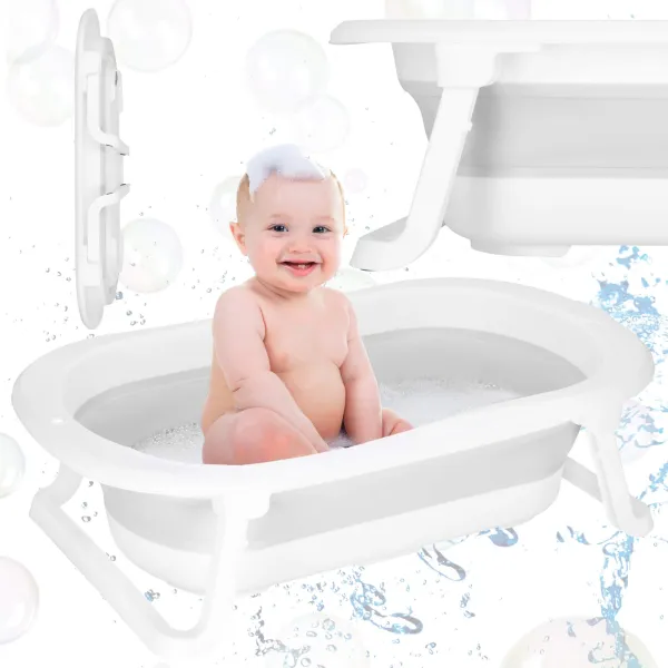 Springos SB0059 pārnēsājama bērnu vanna 40 L balti pelēka saliekama ar aizbāzni