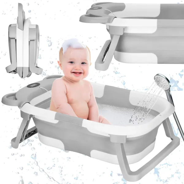 Kūdikio vonelė Springos SB0062, silikoninė, su kamščiu ir termometru, 27,5 L, nešiojama, balta-pilka