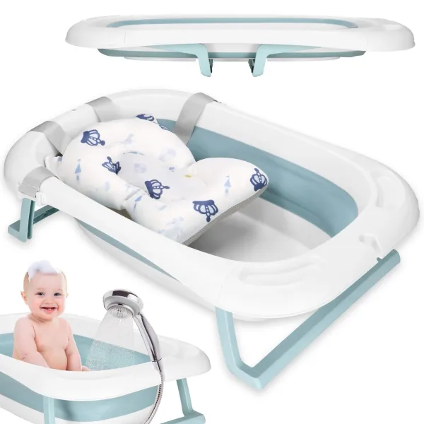 Vauvan kylpyamme Springos SB0063, taitettava, 35 L, lämpömittarilla ja tyynyllä, valkoinen-sininen