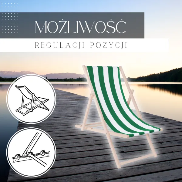 Koka dārza krēsls Springos DC0001 DSWLG, regulējams 3 pozīcijās, zaļi balts svītrains audums
