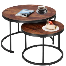 Loft stila kafijas galdiņu komplekts Springos HF0034, 2 gab., tērauda, industriālais dizains, apaļi, Ø 70 cm / 39,5 cm